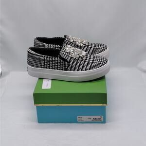 Kate Spade Women Sneakers 7.5 Black White Wool Jeweled Houndstooth Plaid Preppy